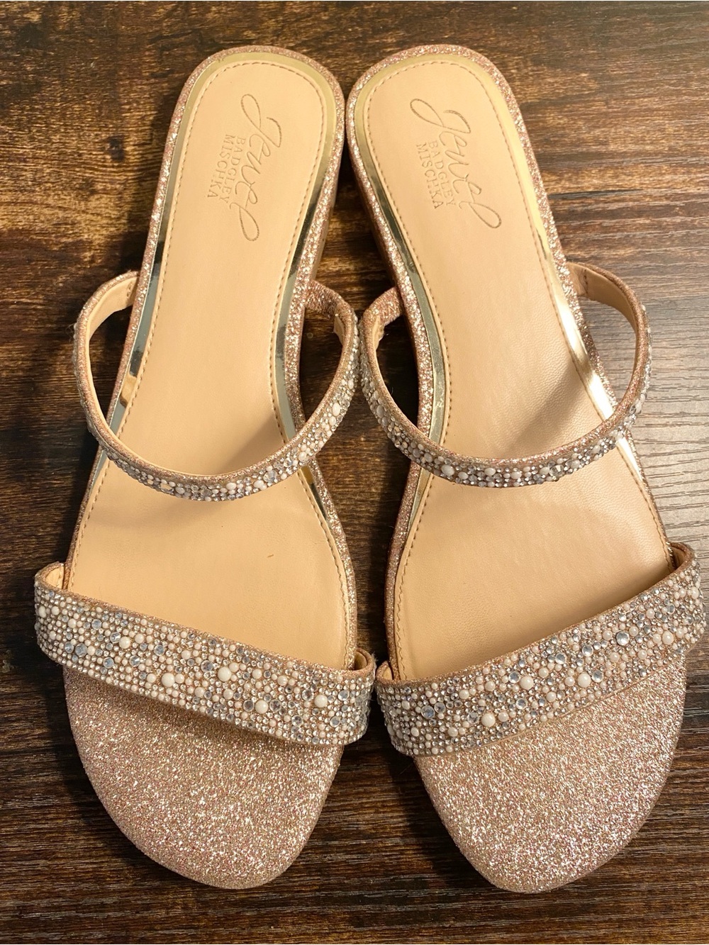 Jewel Badgley Mischka Rose Gold Rhinestone & Pearl Slide Sandal Flats Bridal